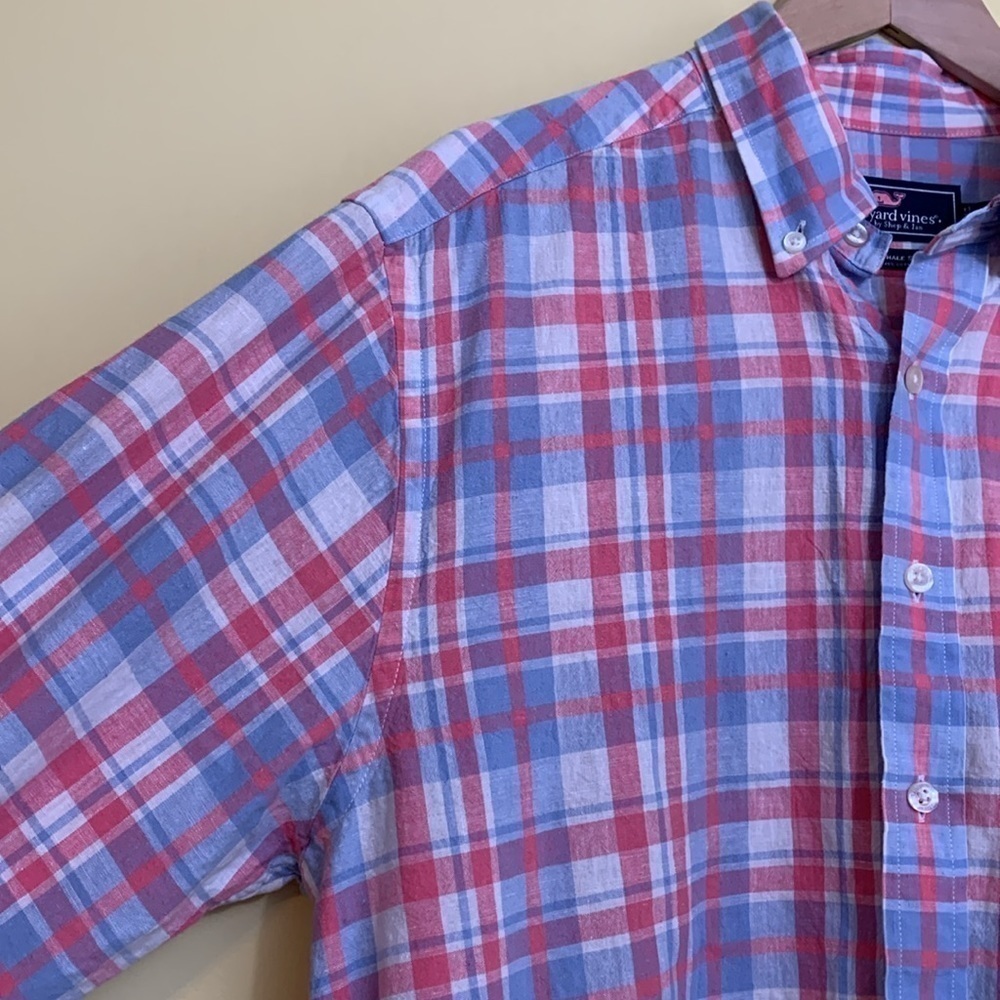 Vineyard Vines Plaid Slim Fit Whale Cotton Linen Blend Button Down Oxford Shirt - Picture 11 of 17